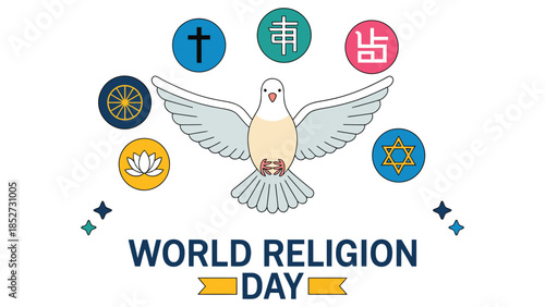  World religion day illustration with white dove and symbols of major faiths representing peace harmony unity and interfaith dialogue on clean modern vector background