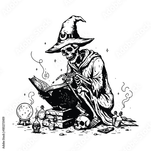 Grim Reaper Skeleton Wizard Reading Magic Spell Book Vector Illustration.