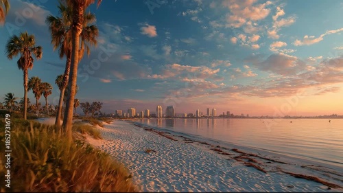 Scenic golden hour sunset beach landscape with palm trees and city skyline reflection