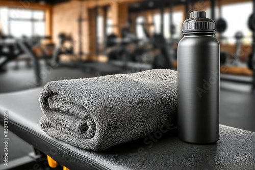 Gym towel and water bottle on bench in fitness center during workout session Generative AI