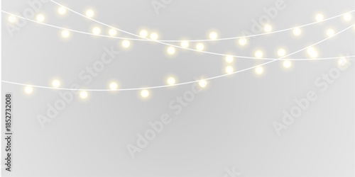 Elegant festive string lights creating warm Christmas mood. Soft LED garland isolated on transparent background. Ideal for invitations, posters, and holiday graphics.