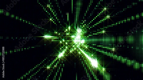 Wall of flashing green lights. VJ animation. Flying stream of particles lights at a disco party. Shining flicker dynamic burst animation for bright event, night club. 4k seamless loop video