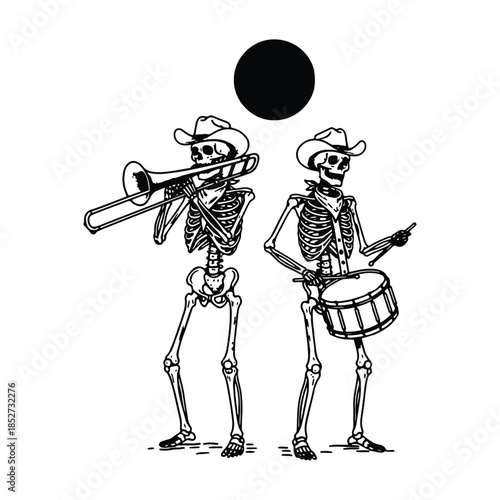 Two Skeleton Cowboys Playing Trombone and Snare Drum Music Illustration.