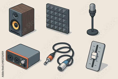Audio equipment icons: speaker, microphone, mixer, acoustic panel, cable, interface