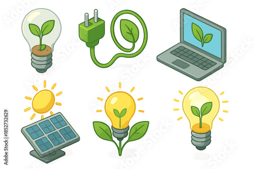 Eco-friendly technology and renewable energy symbols with plants and light bulbs