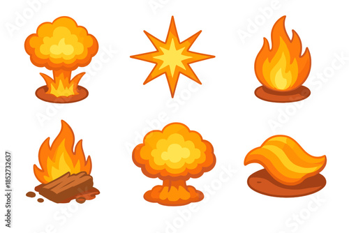 Colorful cartoon explosions and fire icons with flames and stars