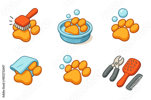 Cartoon dog grooming icons with paw prints and tools