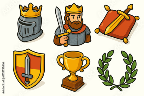 Medieval icons collection: knight helm, crowned king, sword on cushion, shield, trophy, laurel wreath