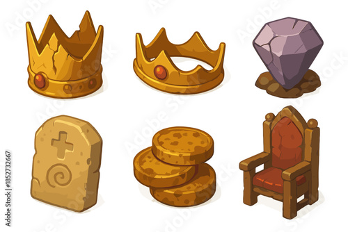Medieval treasures collection: crowns, gem, coins, throne, tombstone