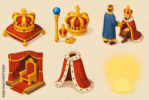 Royal regalia and symbols: crowns, scepters, thrones, and cloaks in a medieval setting