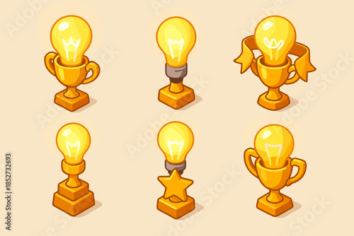 Collection of cartoon light bulb trophies on stands