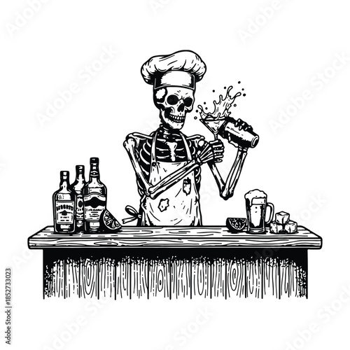 Skeleton Chef Bartender Mixing Cocktail Drink at Wooden Bar Counter Illustration.