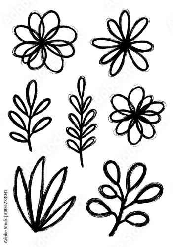 Collection of hand drawn botanical elements, featuring simple sketched flowers and stylized leaves, created with a textured charcoal brush for a rustic aesthetic