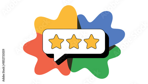 A speech bubble with three stars is displayed on a colorful background.