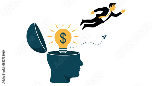 Businessman flies out of head with a lightbulb idea and dollar sign.