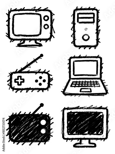 Simple doodle style technology vector icons, hand-drawn chalk illustration of computers, screen monitors, and retro gaming controllers