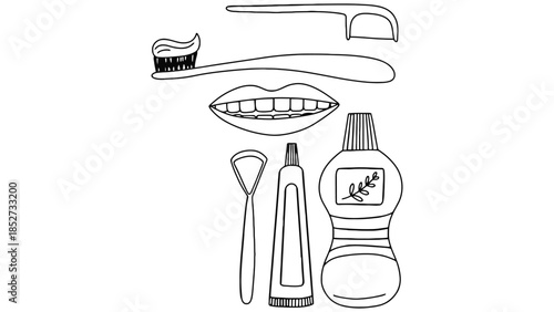 A collection of dental hygiene tools and a mouth are depicted in a line drawing.