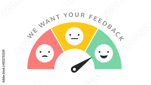 A gauge displays "We Want Your Feedback" with smiley faces indicating sentiment.