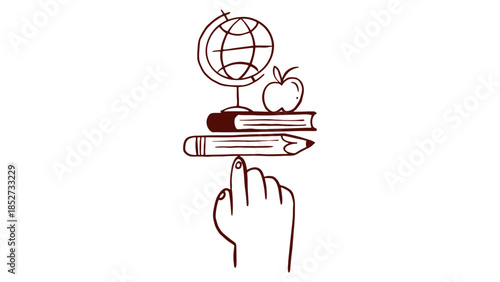 A hand balances a pencil, books, an apple, and a globe on a fingertip.