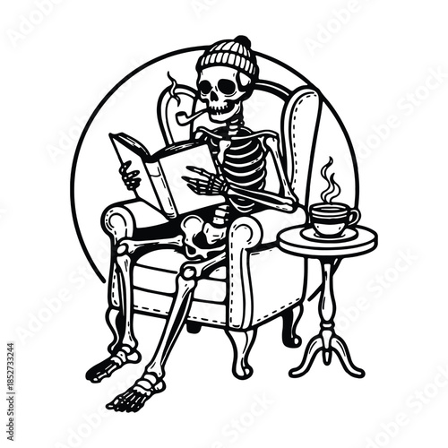 Skeleton Wearing Beanie Reading Book and Smoking Pipe in Armchair Illustration.