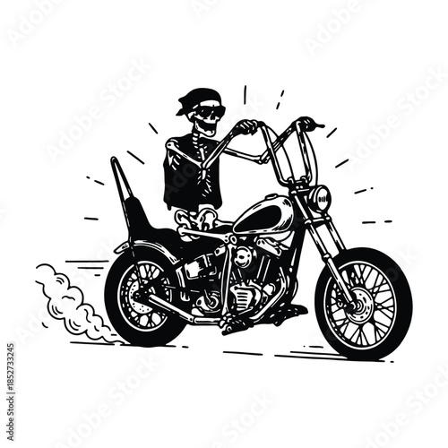 Skeleton Biker Riding Custom Chopper Motorcycle and Smoking Cigar Illustration.