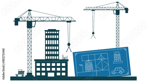 Construction cranes build a city skyline with blueprints on a white background.