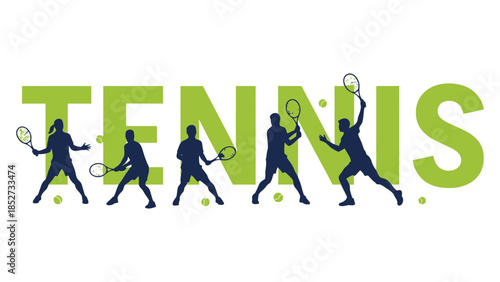 Silhouettes of tennis players in action form the word TENNIS.