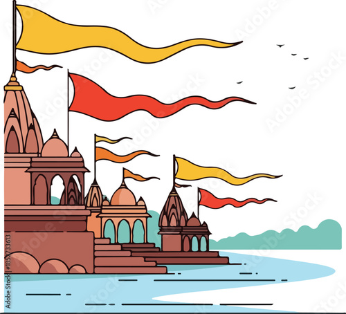 A vibrant vector illustration of a Hindu temple by a serene body of water, celebrating Rama Navami with colorful flags waving in the wind. Perfect for cultural festivals, religious events,