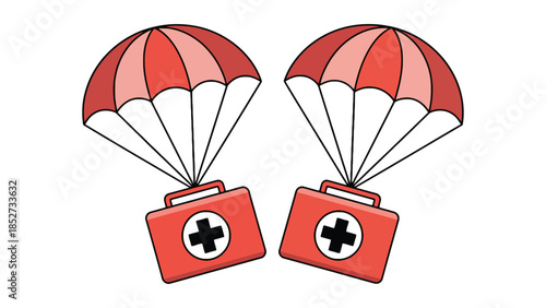 Two medical first aid kits descending with parachutes, symbolizing emergency medical aid and support.