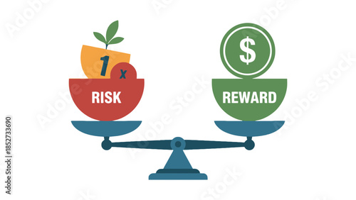 A scale balances risk and reward, illustrating investment concepts.