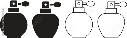 Perfume bottle flat, line icon set. Vectors graphic illustration depicting fragrance scent spray atomizer beauty cosmetic minimalist black silhouette element luxury isolated on transparent background.