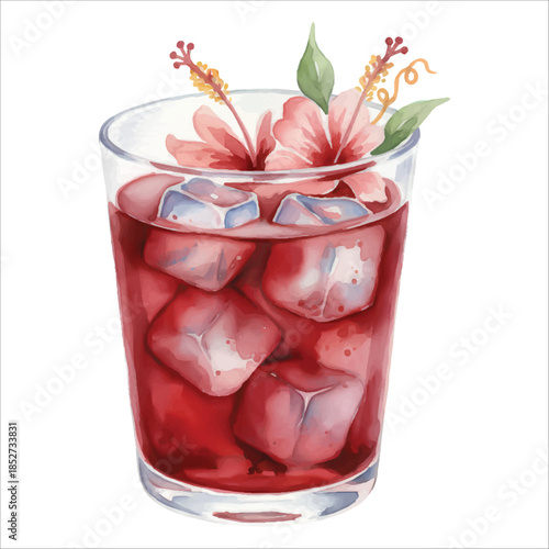 Hibiscus Iced Tea Watercolor Drink Vector Isolated on White Background
