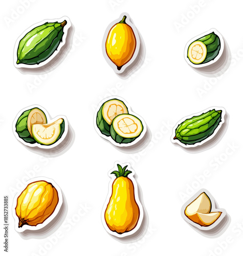 Variety of freshly cut and whole fruits with white background