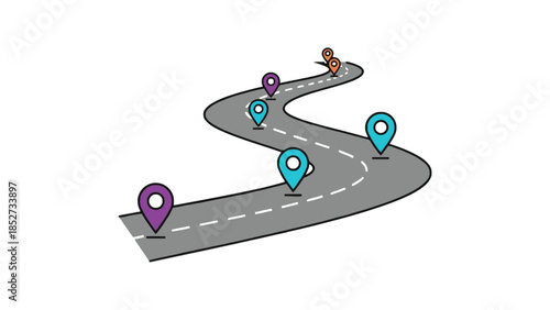 A winding road with map pins marking various destinations along the route.