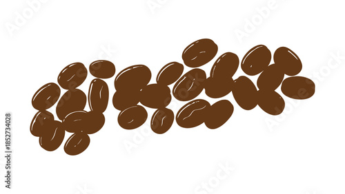 A scattering of roasted coffee beans on a white background.