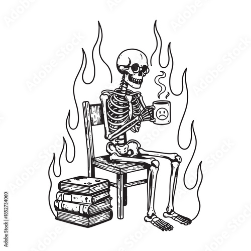 Skeleton Sitting on Chair in Fire Holding Coffee Mug This is Fine Meme Illustration.