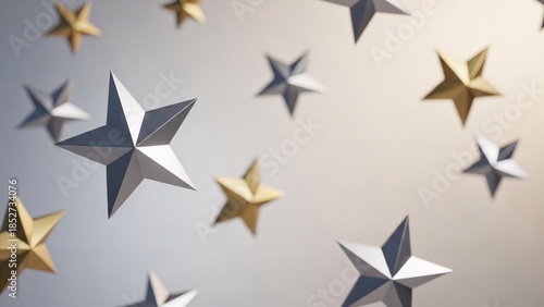 Silver and Gold 3D Stars Floating on Light Background for Holiday