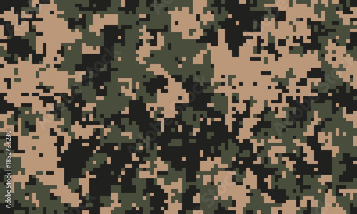 Abstract digital camouflage pattern.  Perfect for backgrounds, textures, or militarythemed designs.  The pixelated design creates a sense of concealment and strategic blending.