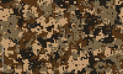 Abstract digital camouflage pattern.  Earthy tones blend seamlessly for a versatile background ideal for military, hunting, or fashion designs.  The pixelated texture offers a modern, textured feel.