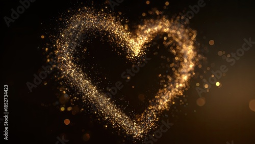 A golden sparkling heart floats in a dark, blurred background, with bokeh accents
