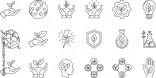 Eco, sustainability, environment, protection, green, energy, recycling, leaf, science, nature, care, globe, shield, icon, black, line art, vector, illustration
