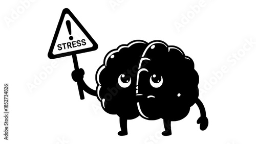 Worried cartoon brain holding a warning sign for stress, illustrating mental health concerns.