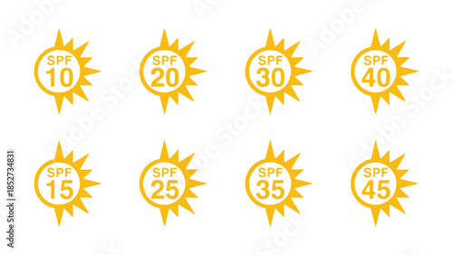 Collection of sun icons representing different SPF levels for sun protection