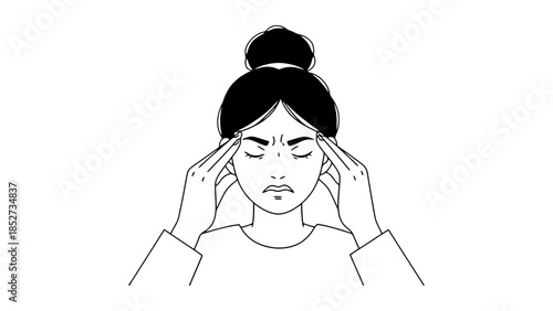 Woman experiencing headache and stress, holding temples with worried expression