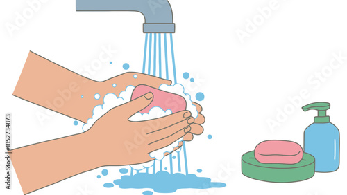 Hands being washed under running water with soap for hygiene and cleanliness