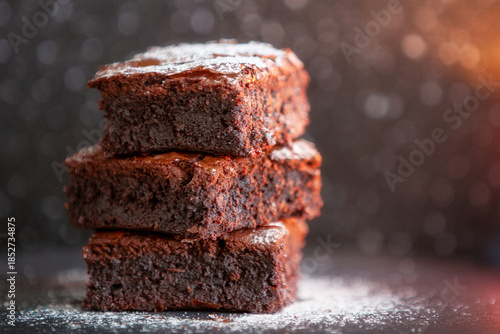 Dark chocolate brownies stack, copy space