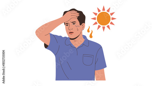 Man struggling with heatstroke, sweating profusely under a hot sun.