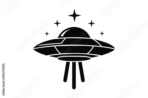 ufo flying saucer vector icon with beam and stars