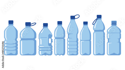 A collection of various plastic water bottles are displayed in a row.