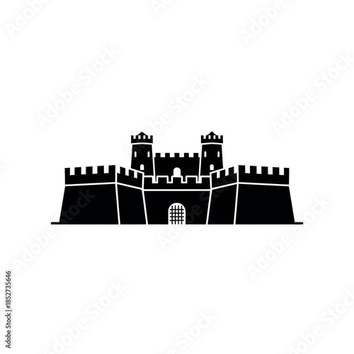 Black silhouette of a medieval castle with battlements and towers.